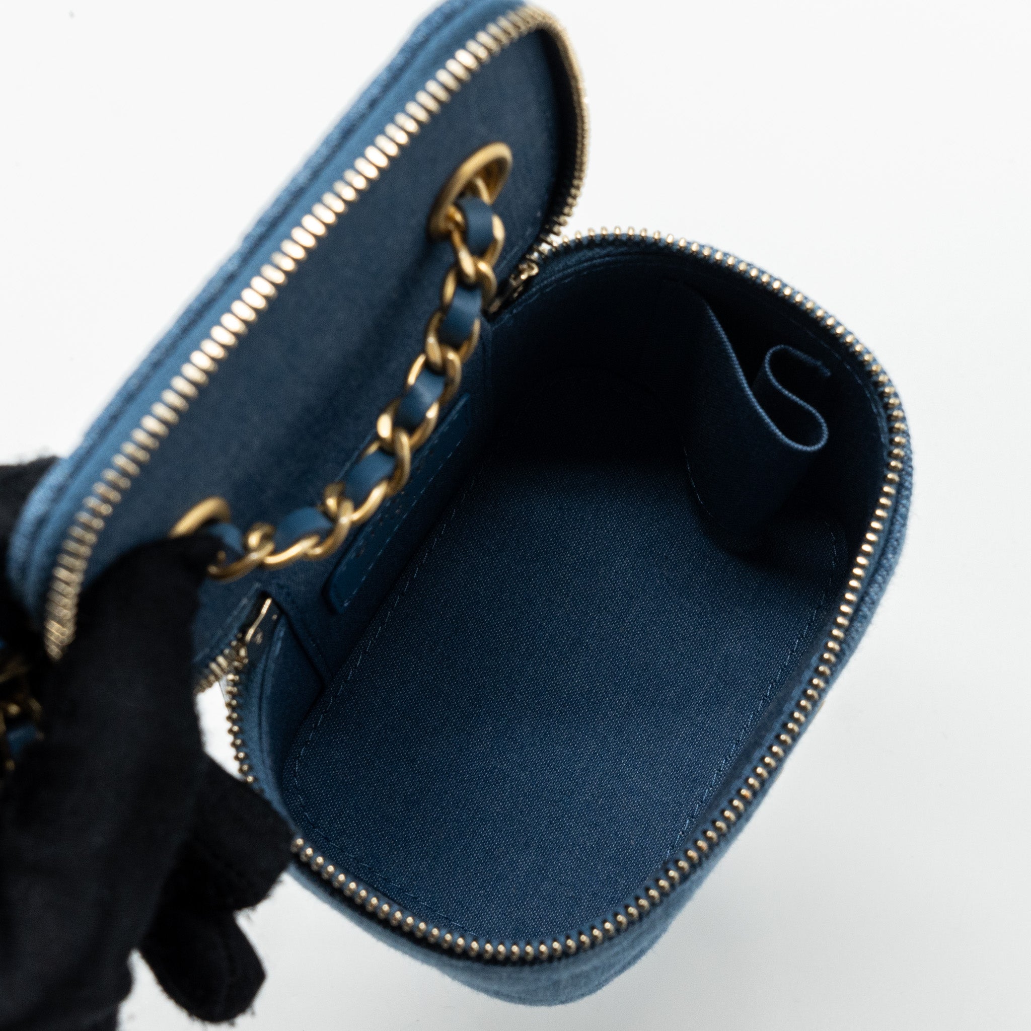 CHANEL PEARL CRUSH MINI VANITY CASE DENIM BLUE BRUSHED GHW