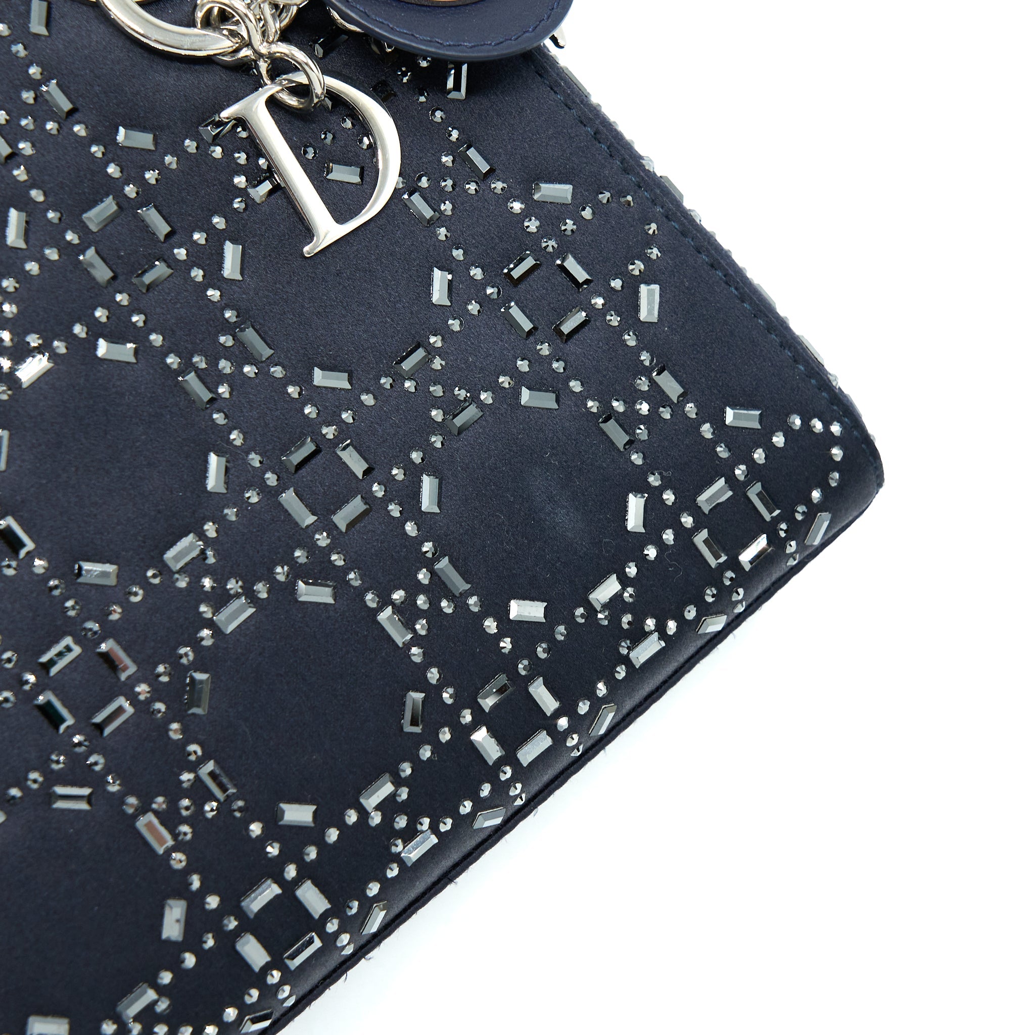 DIOR MINI LADY DIOR SATIN CRYSTAL CANNAGE DARK BLUE SHW
