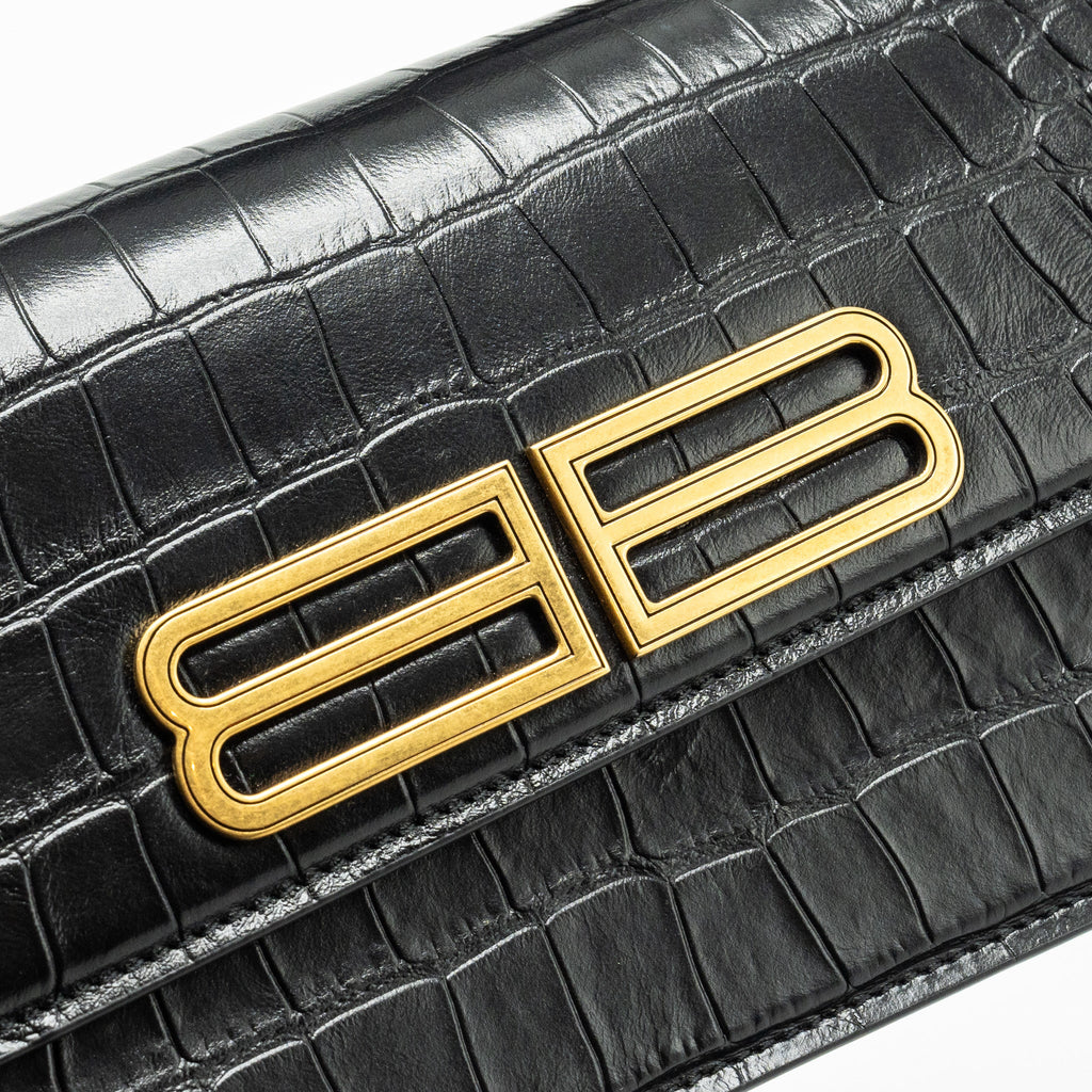 BALENCIAGA GOSSIP SHOULDER BAG CROC-EMBOSSED CALFSKIN BLACK GHW – Ateléra