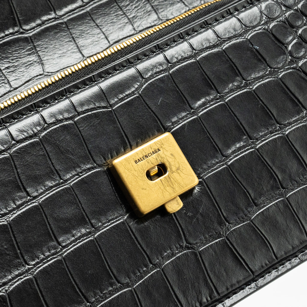 BALENCIAGA GOSSIP SHOULDER BAG CROC-EMBOSSED CALFSKIN BLACK GHW – Ateléra