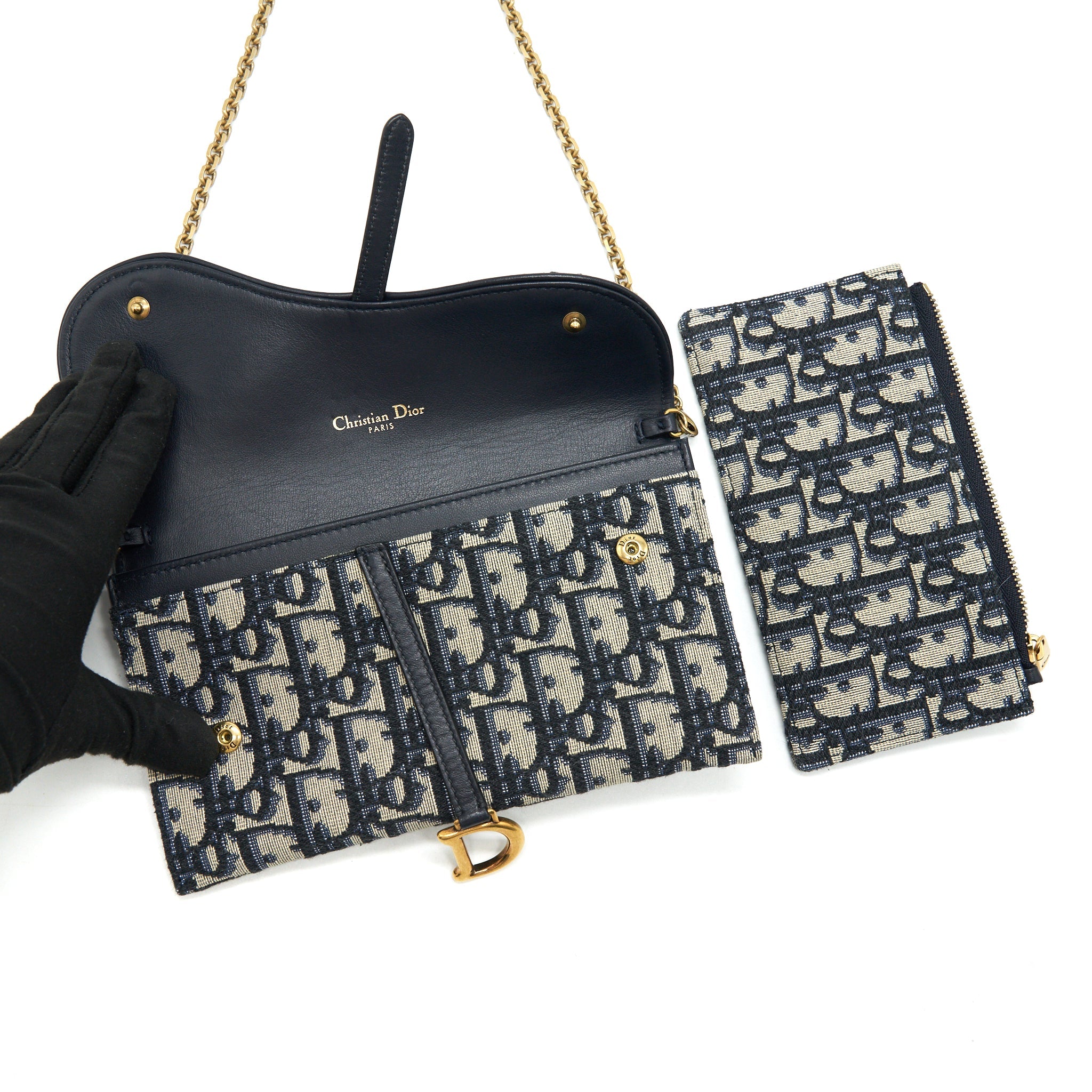 DIOR OBLIQUE JACQUARD SADDLE WALLET WITH CHAIN