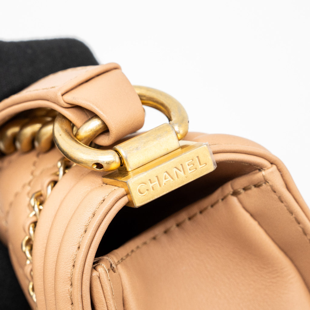 CHANEL SMALL BOY BAG LIMITED EDITION CALFSKIN DARK BEIGE GHW