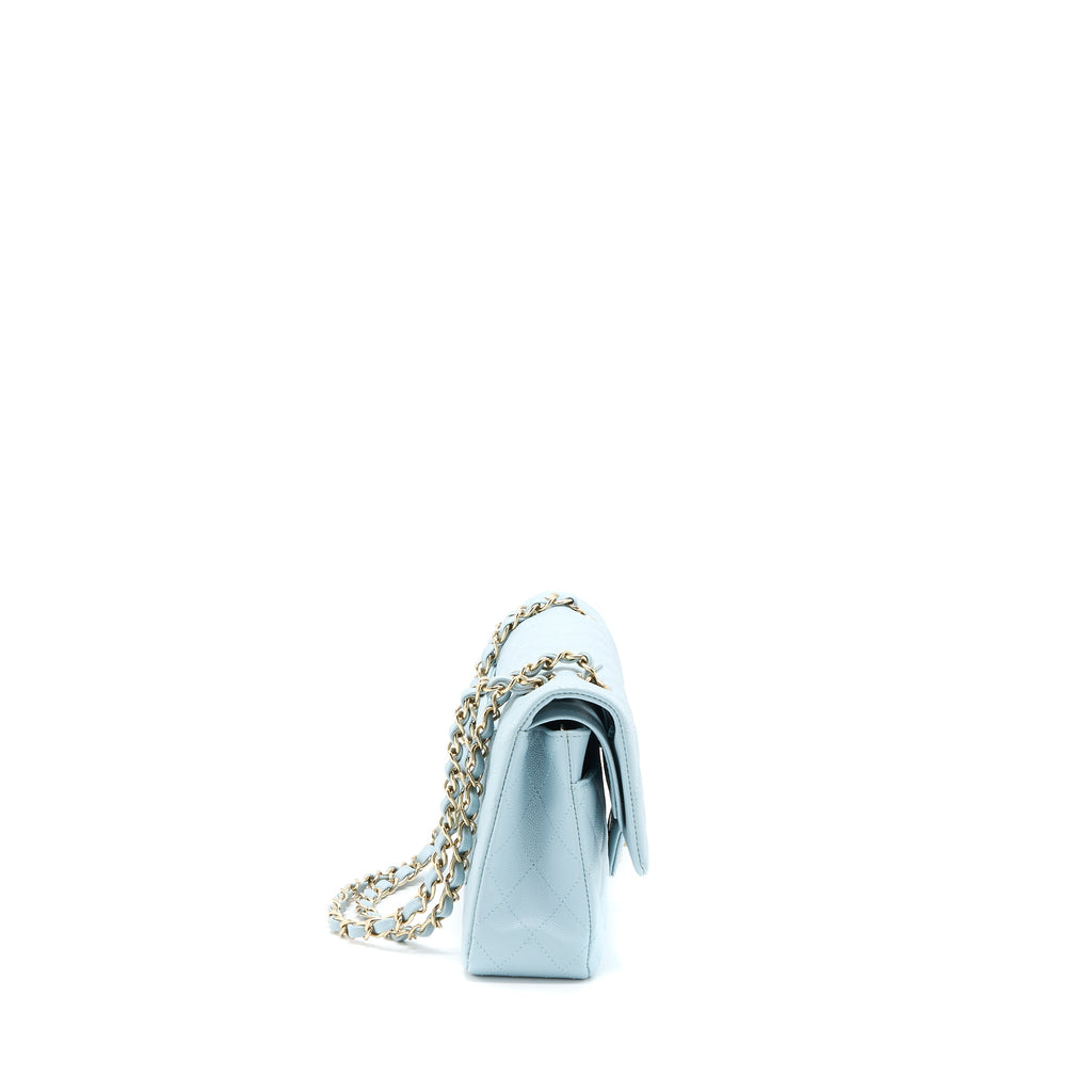 CHANEL MEDIUM CLASSIC DOUBLE FLAP BAG CAVIAR LIGHT BLUE LGHW (MICROCHIP)