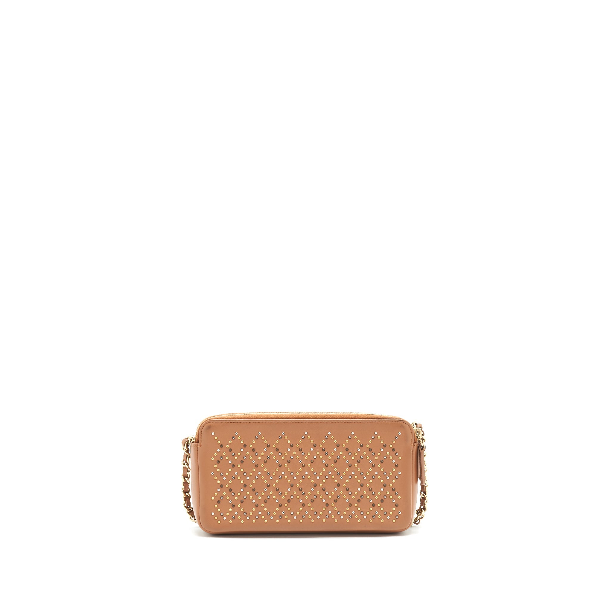 CHANEL STUD DOUBLE ZIP WALLET ON CHAIN DARK BEIGE