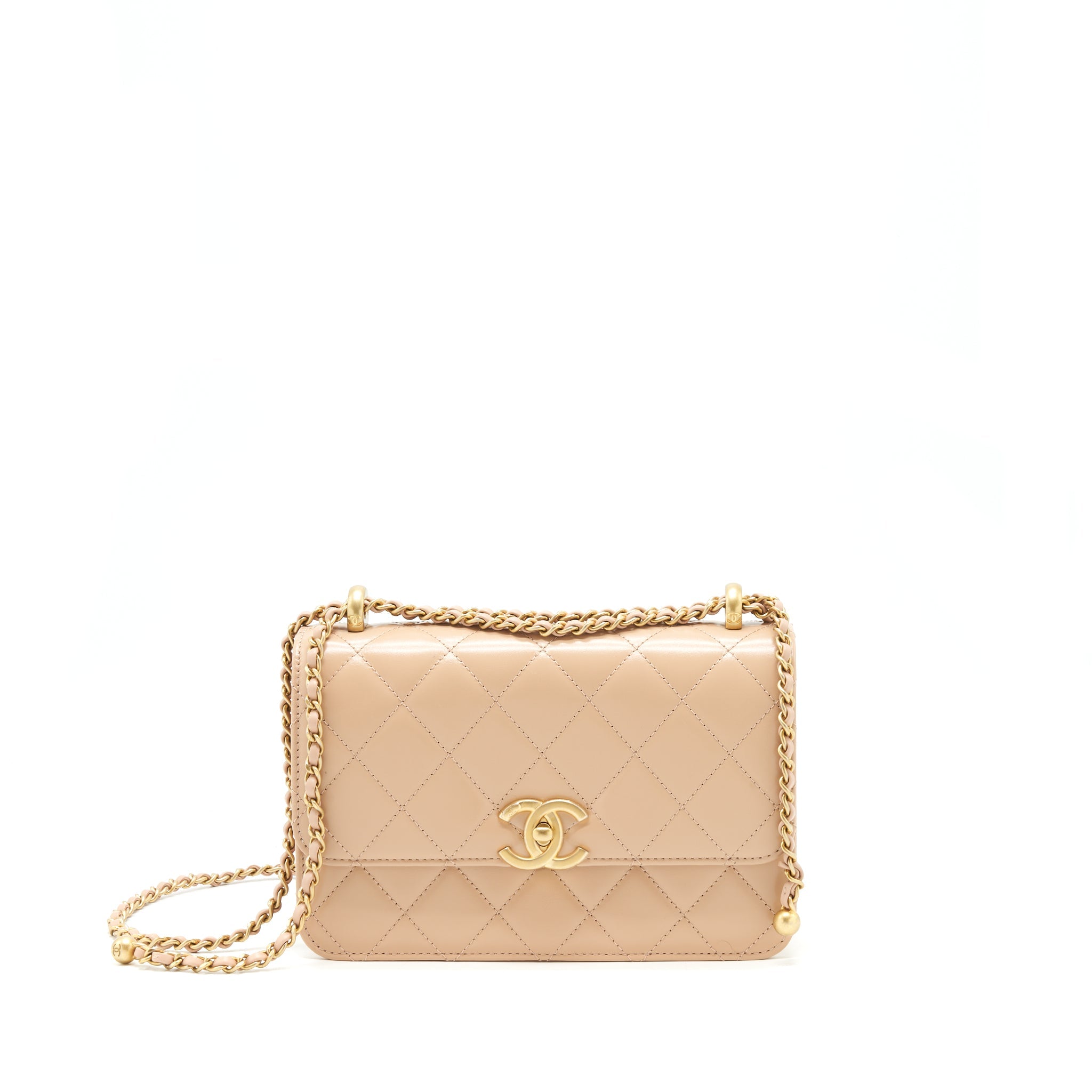 CHANEL 21A GOLD CRUSH FLAP BAG CALFSKIN BEIGE GHW
