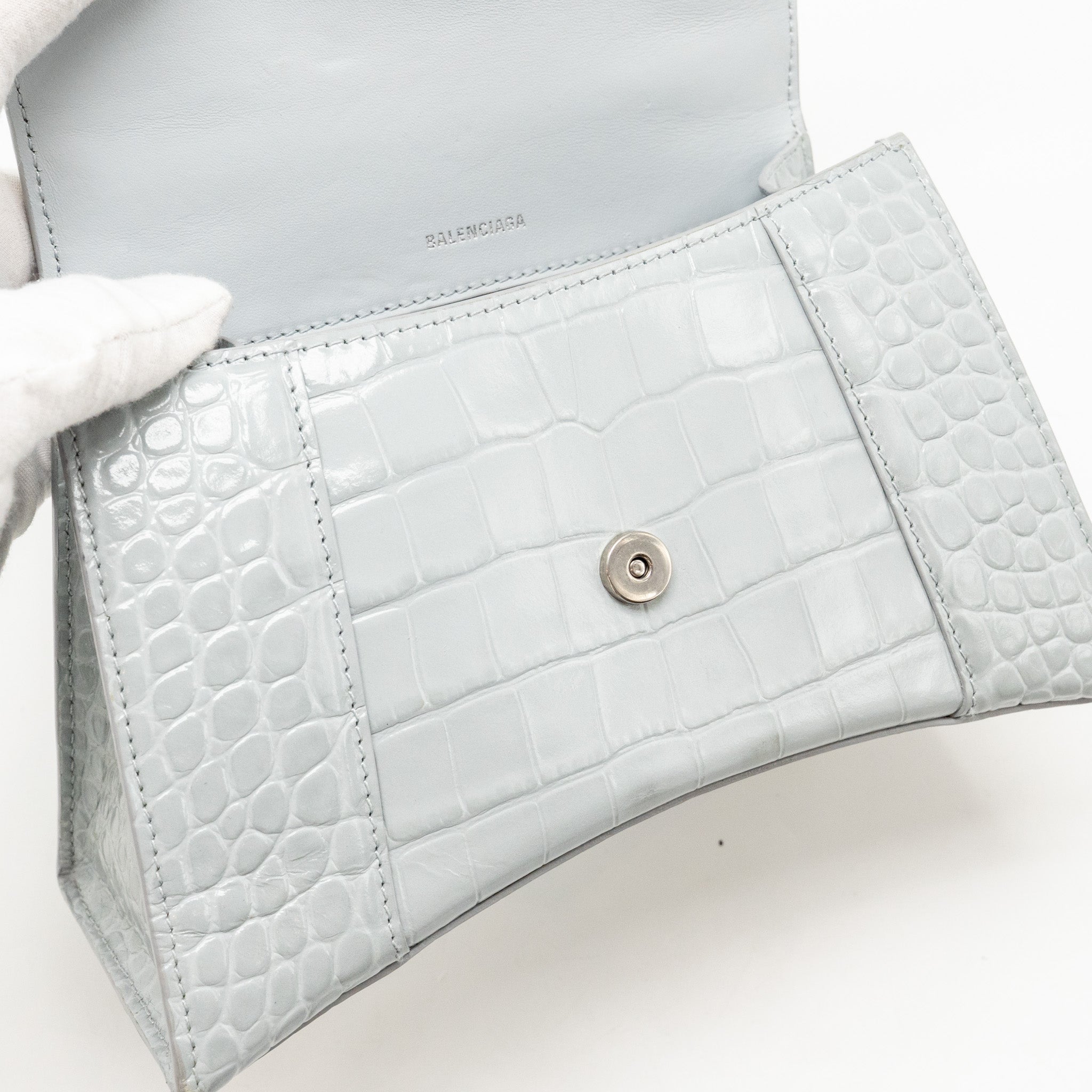 BALENCIAGA SMALL HOURGLASS BAG CROC-EMBOSSED CALFSKIN GREY SHW