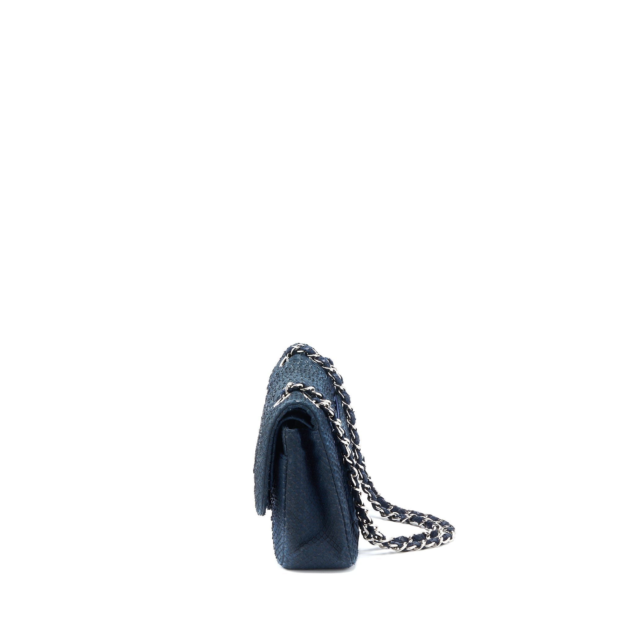 CHANEL MEDIUM CLASSIC DOUBLE FLAP BAG PYTHON DARK BLUE SHW