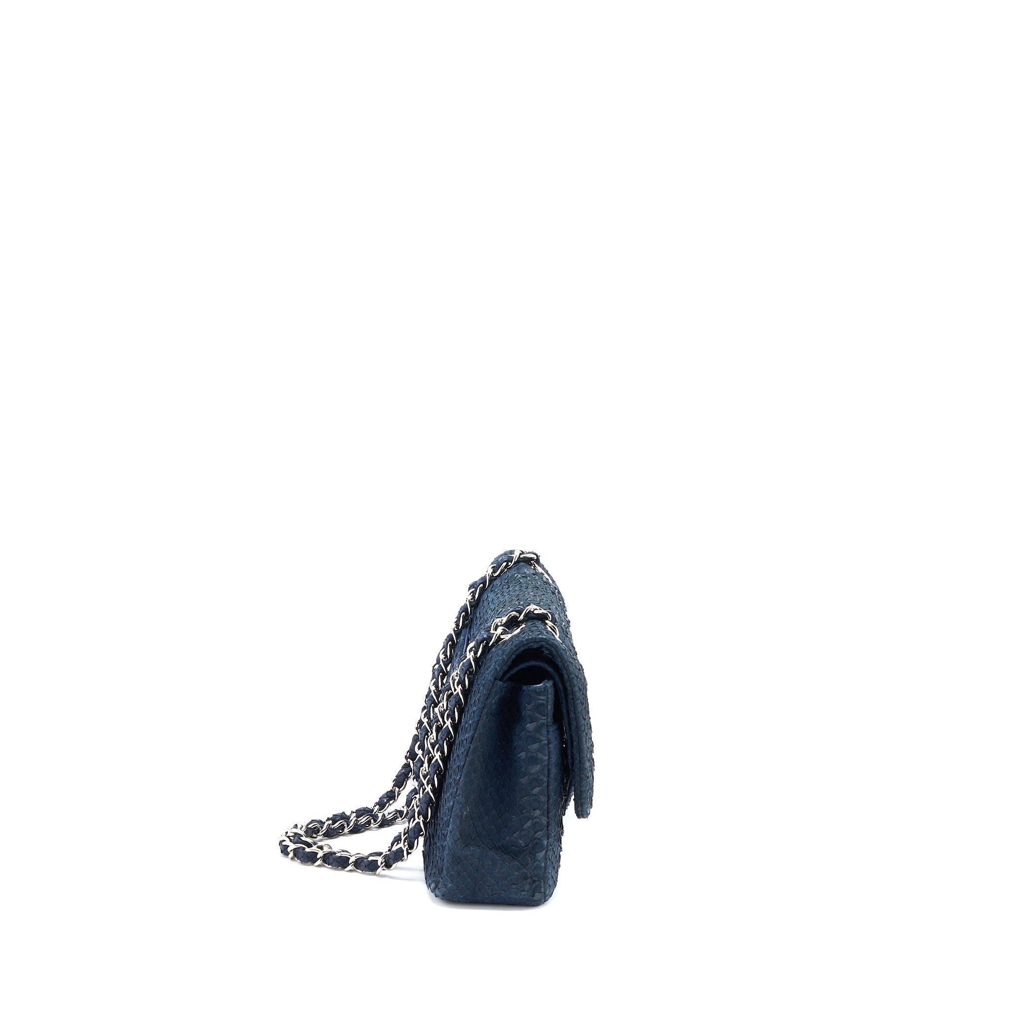 CHANEL MEDIUM CLASSIC DOUBLE FLAP BAG PYTHON DARK BLUE SHW