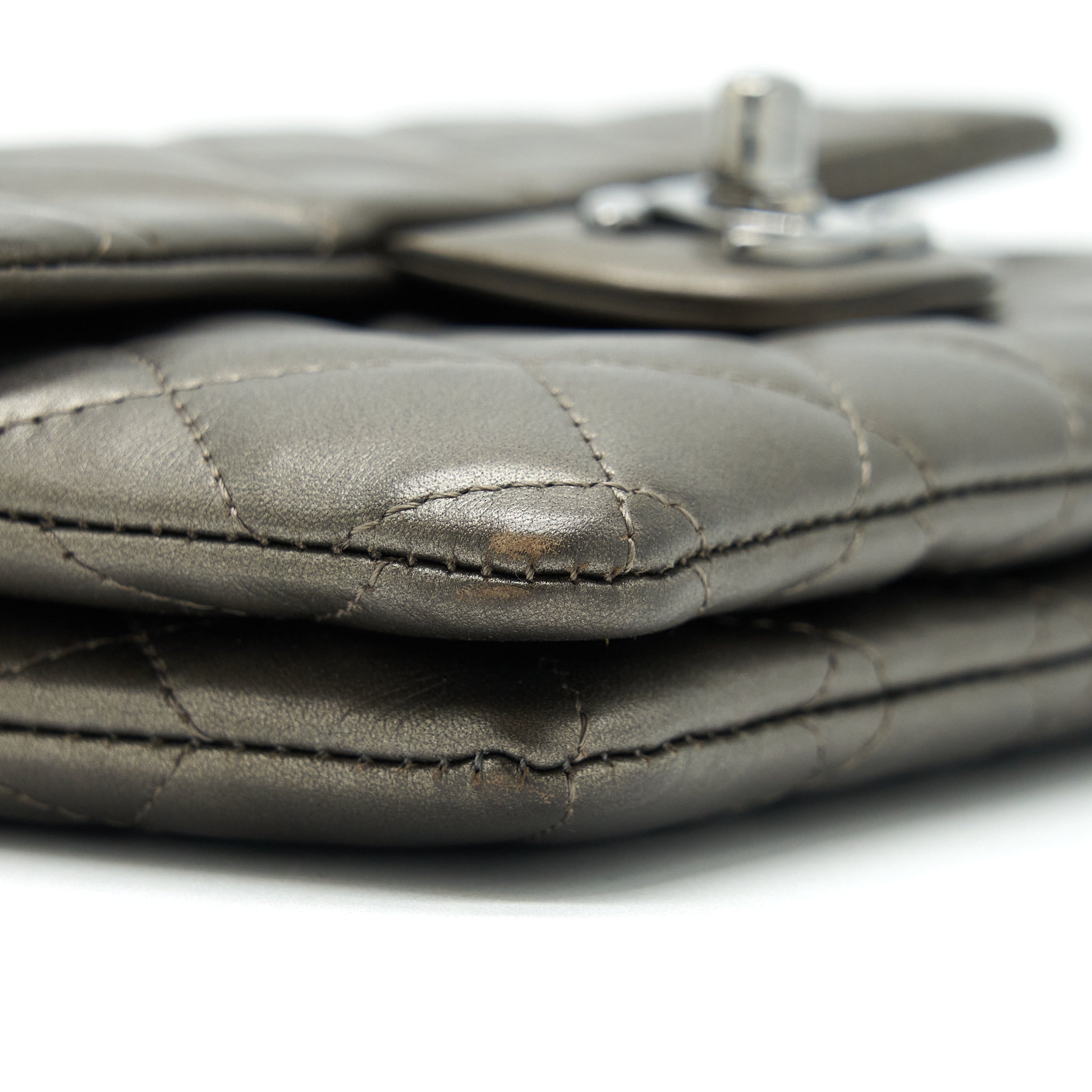 CHANEL FLAP AND ZIPPY MINI POUCH WITH CHAIN LAMBSKIN METALLIC BROWNISH GREY WITH DARK GREY HARDWARE