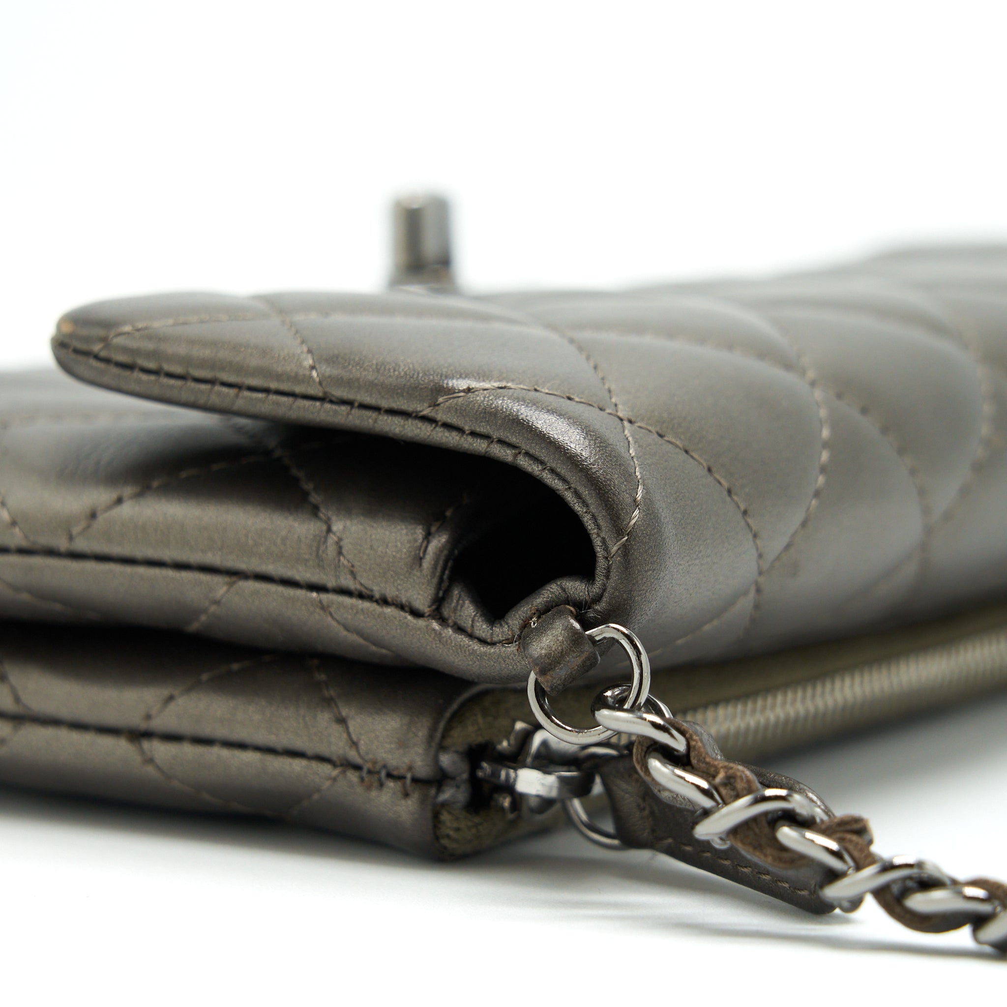 CHANEL FLAP AND ZIPPY MINI POUCH WITH CHAIN LAMBSKIN METALLIC BROWNISH GREY WITH DARK GREY HARDWARE