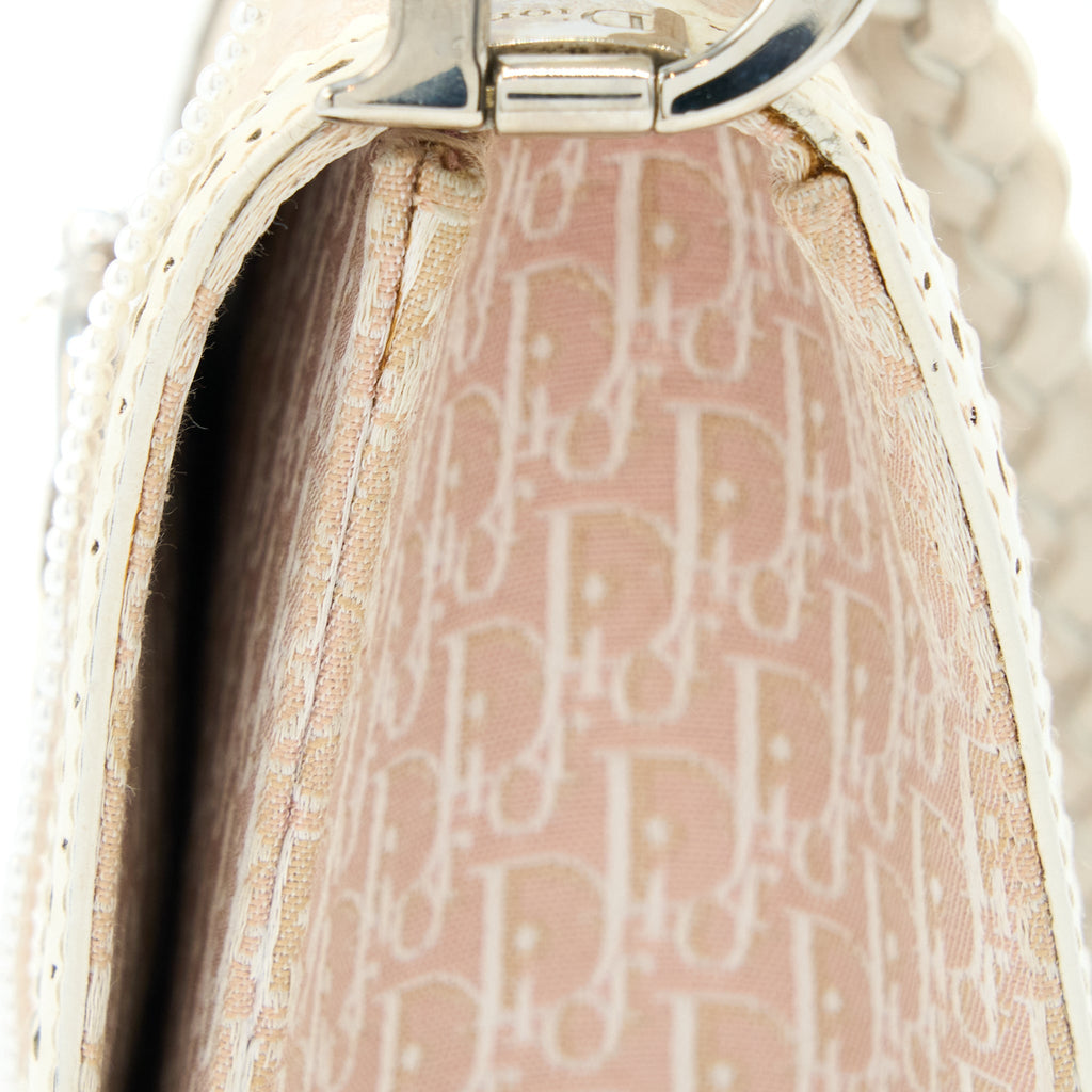 DIOR PINK LOGO MONOGRAM LACE HANDBAG PEARL D STRAP CHARM SHW