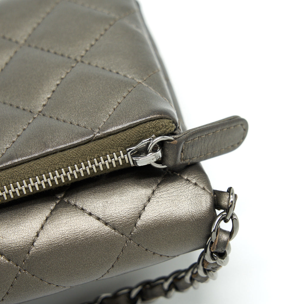 CHANEL FLAP AND ZIPPY MINI POUCH WITH CHAIN LAMBSKIN METALLIC BROWNISH GREY WITH DARK GREY HARDWARE