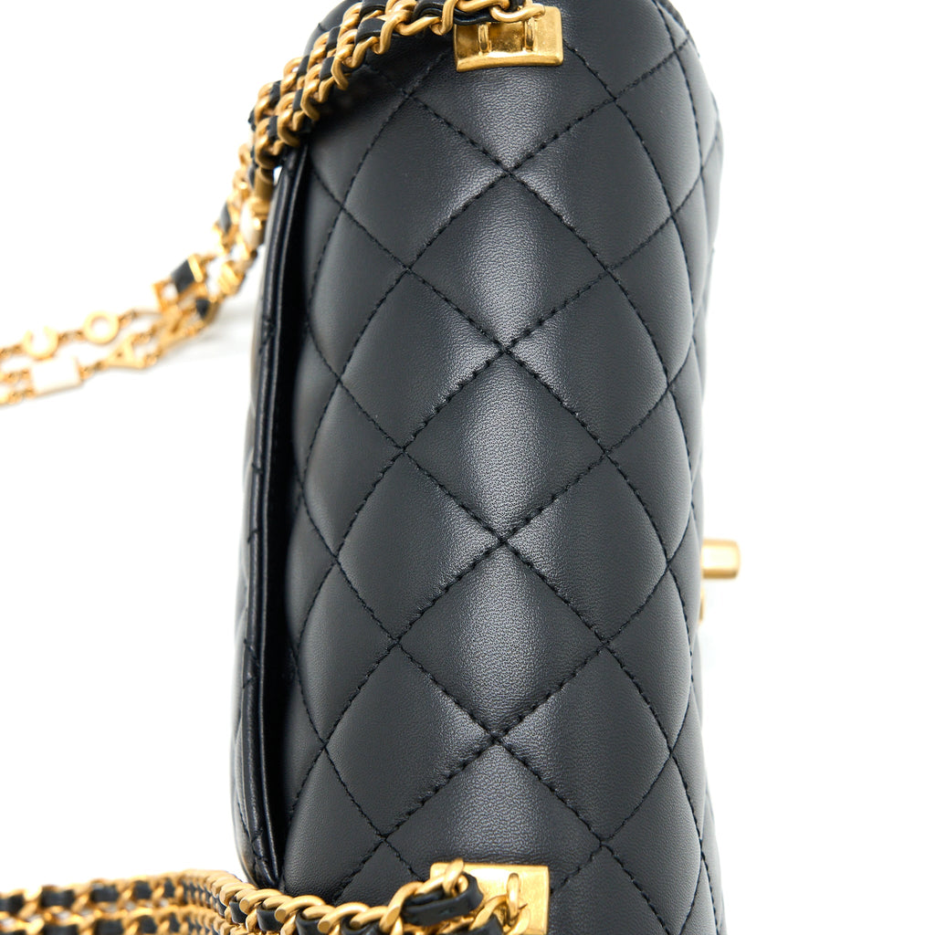 CHANEL SEASONAL FLAP BAG WITH DETAIL CHAIN LAMBSKIN BLACK BRUSHED GHW (MICROCHIP)