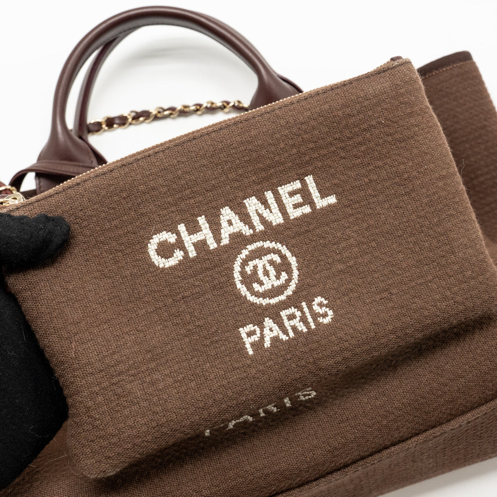 CHANEL DEAUVILLE TOTE BAG CANVAS DARK BROWN LGHW (MICROCHIP)