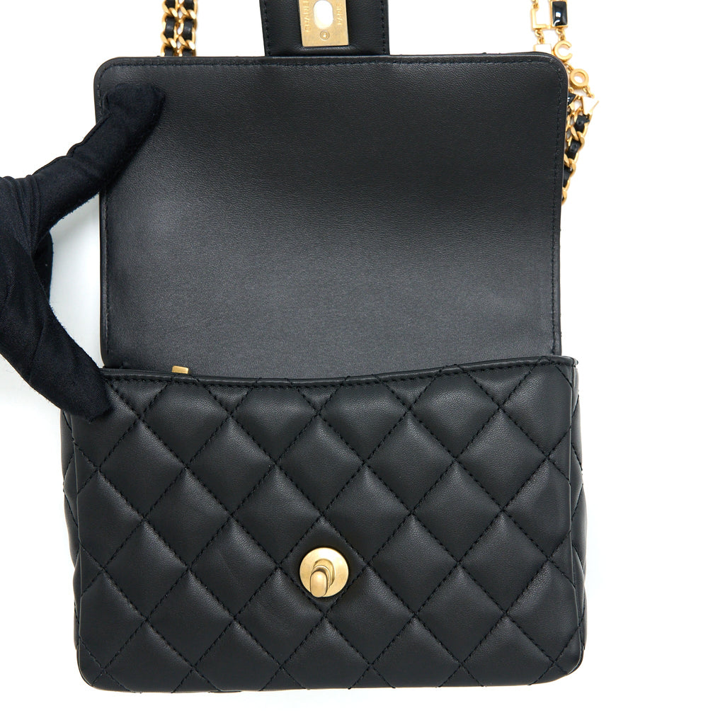 CHANEL SEASONAL FLAP BAG WITH DETAIL CHAIN LAMBSKIN BLACK BRUSHED GHW (MICROCHIP)