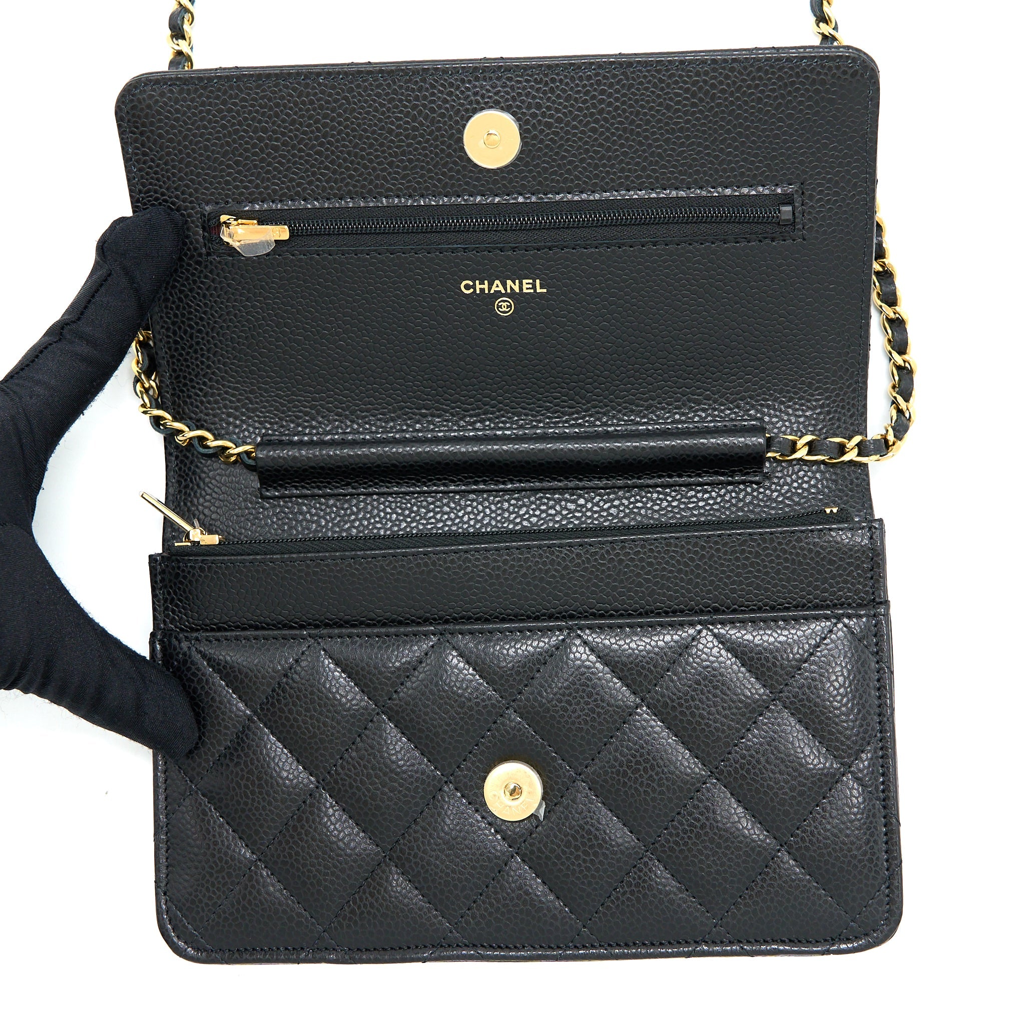 CHANEL CLASSIC WALLET ON CHAIN CAVIAR BLACK GHW (MICROCHIP)