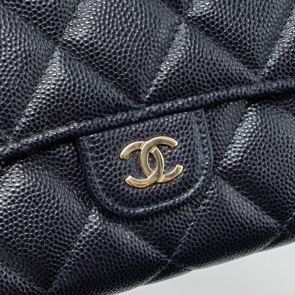 CHANEL CLASSIC LONG FLAP WALLET CAVIAR NAVY LGHW