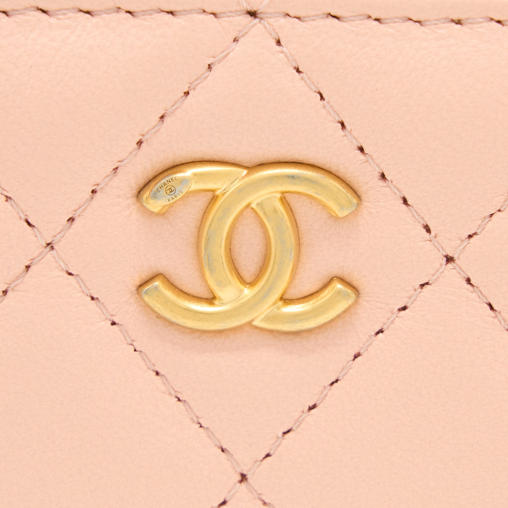 CHANEL PEARL CRUSH ZIPPY CARD HOLDER LAMBSKIN LIGHT PINK BRUSHED GHW