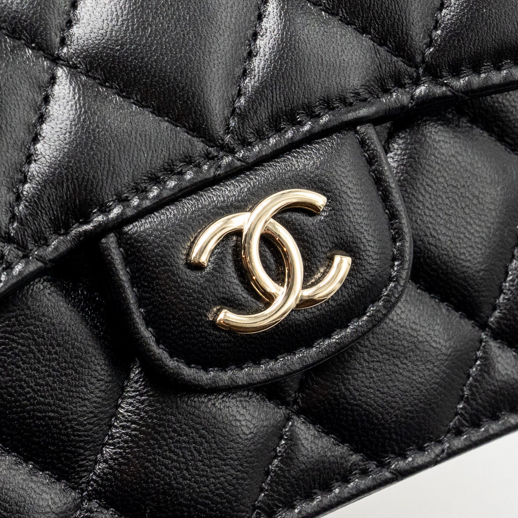 CHANEL MINI TOP HANDLE FLAP COIN PURSE WITH CHAIN LAMBSKIN BLACK LGHW