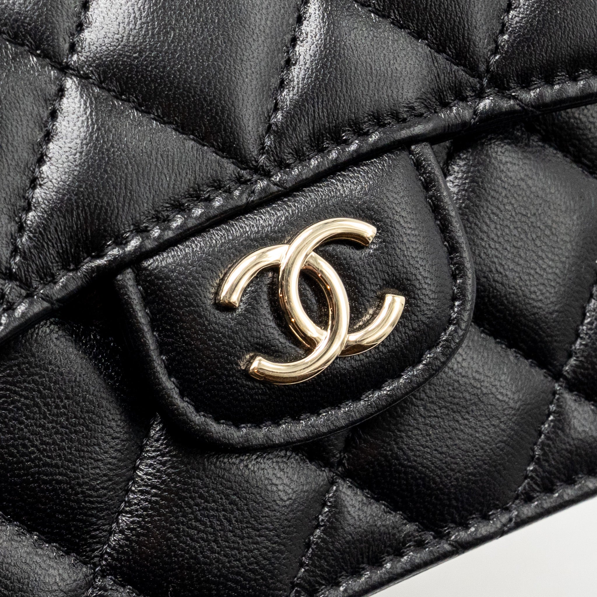 CHANEL MINI TOP HANDLE FLAP COIN PURSE WITH CHAIN LAMBSKIN BLACK LGHW