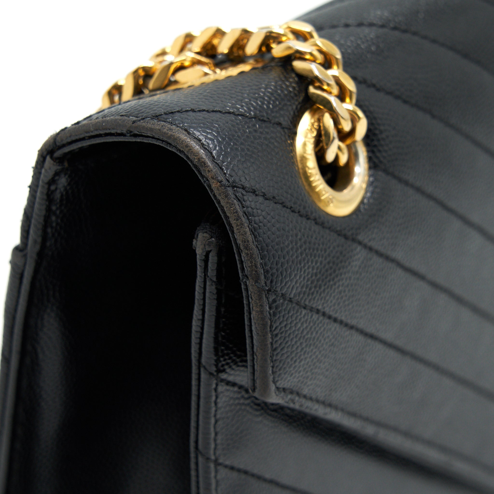 SAINT LAURENT / YSL LARGE ENVELOPE CHAIN FLAP BAG IN BLACK GRAIN DE POUDRE