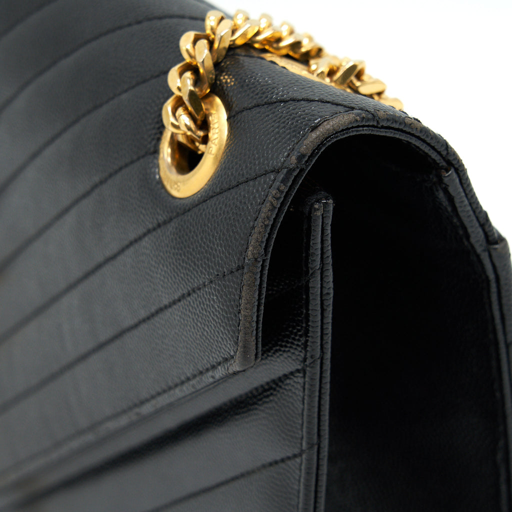 SAINT LAURENT / YSL LARGE ENVELOPE CHAIN FLAP BAG IN BLACK GRAIN DE POUDRE