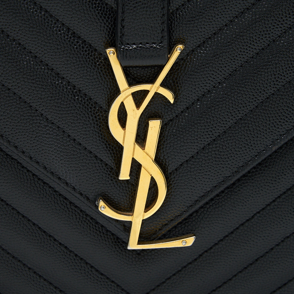 SAINT LAURENT / YSL LARGE ENVELOPE CHAIN FLAP BAG IN BLACK GRAIN DE POUDRE
