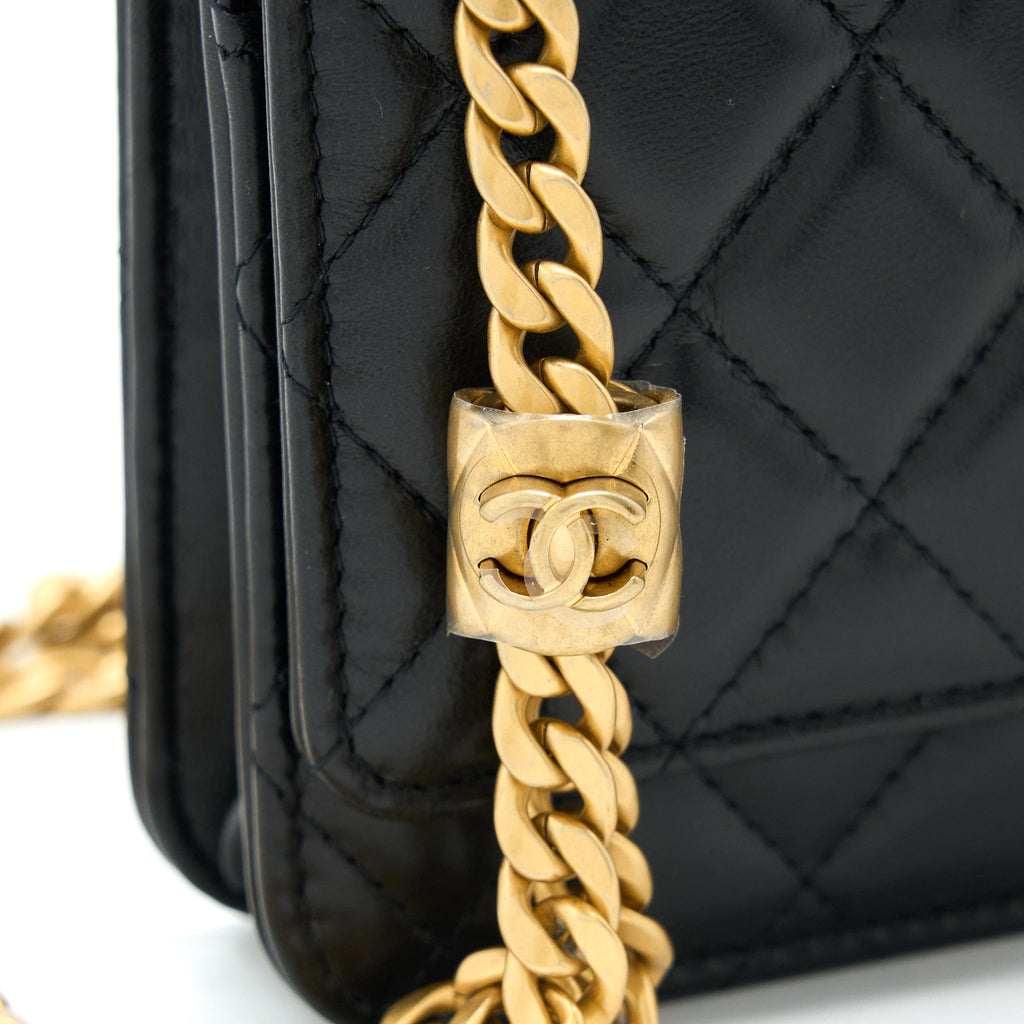 CHANEL 22K GOLD PILLAR WALLET ON CHAIN LAMBSKIN BLACK BRUSHED GHW(MICROCHIP)