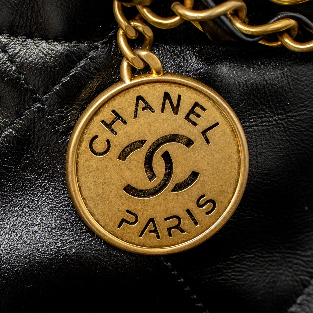 CHANEL MEDIUM 22 BAG GOLD LETTER SHINY CALFSKIN BLACK BRUSHED GHW (MICROCHIP)