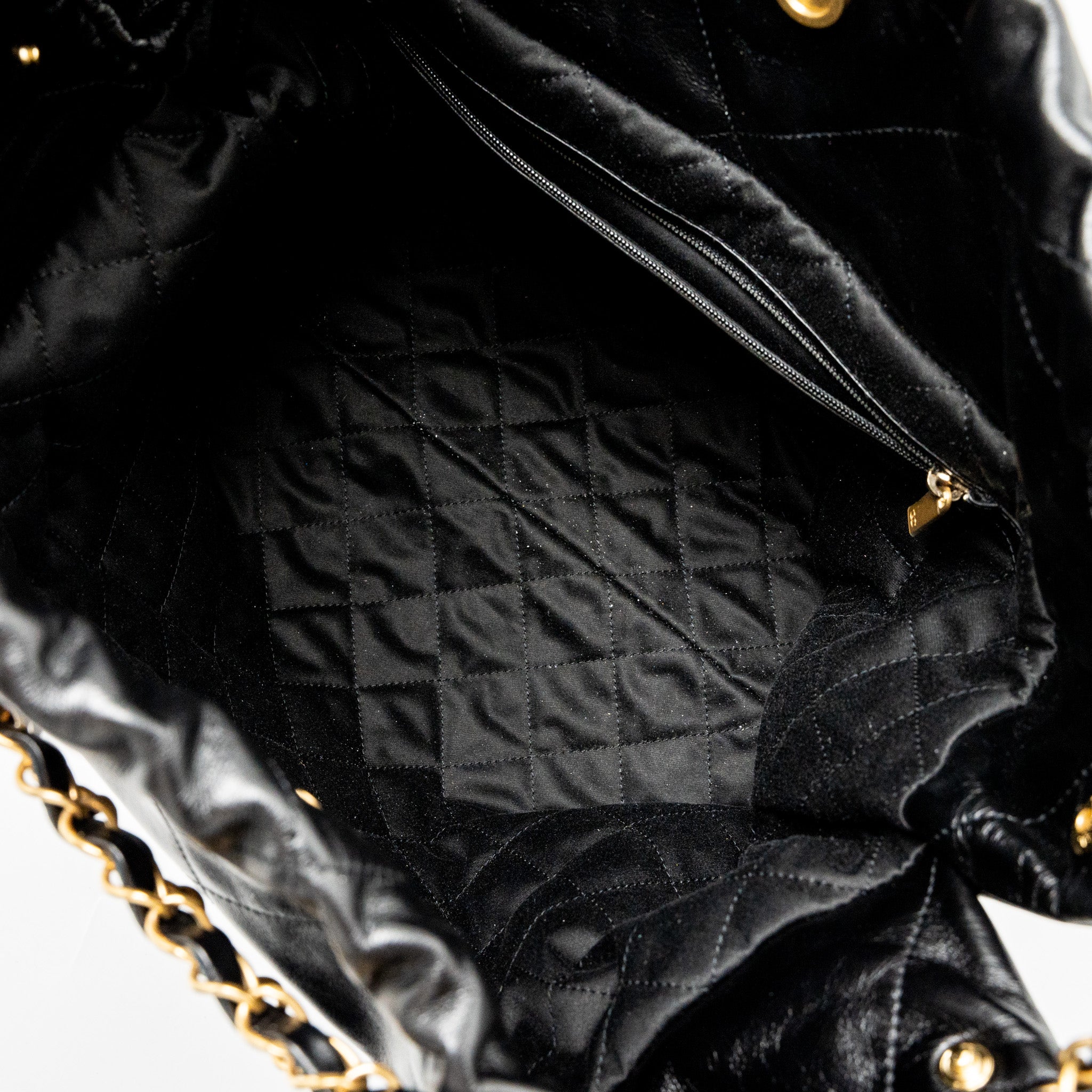CHANEL MEDIUM 22 BAG GOLD LETTER SHINY CALFSKIN BLACK BRUSHED GHW (MICROCHIP)