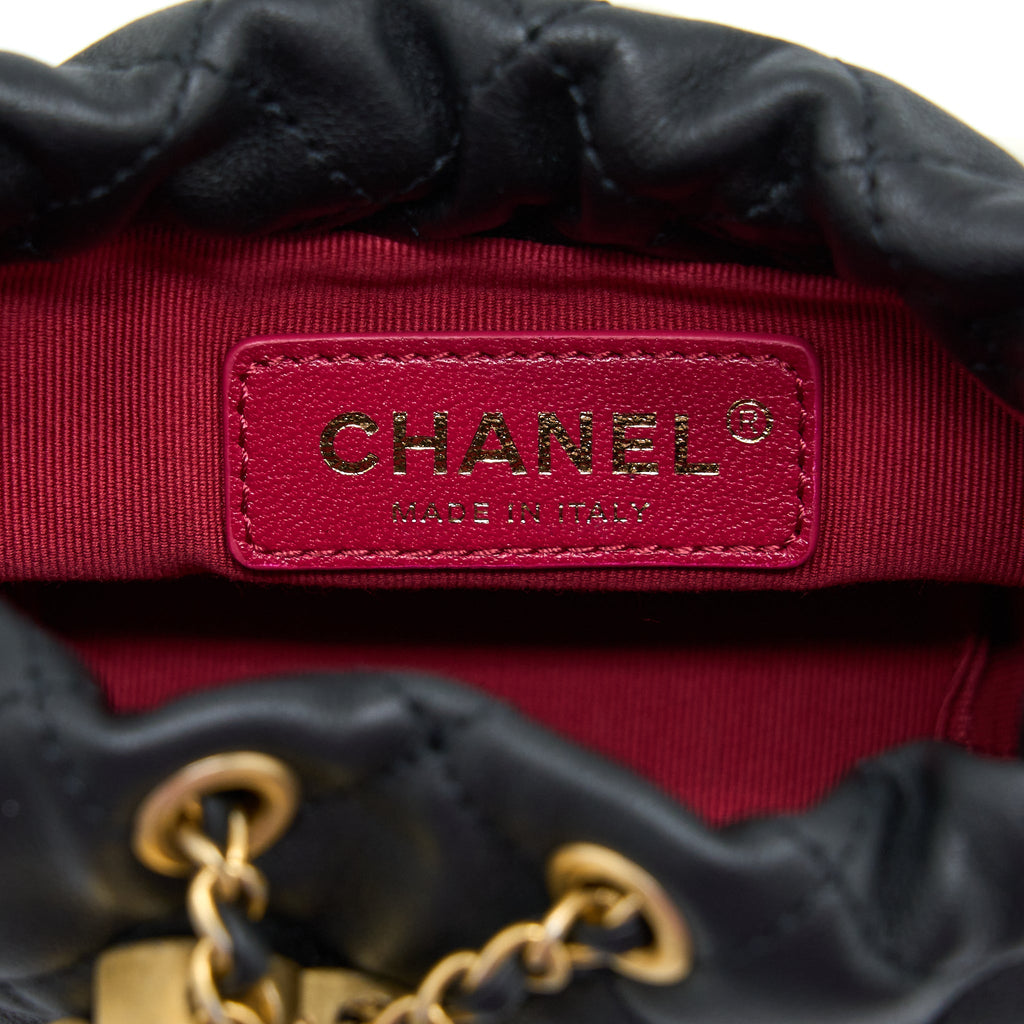 CHANEL MINI BUCKET BAG WITH PEARL CHAIN LAMBSKIN BLACK GHW