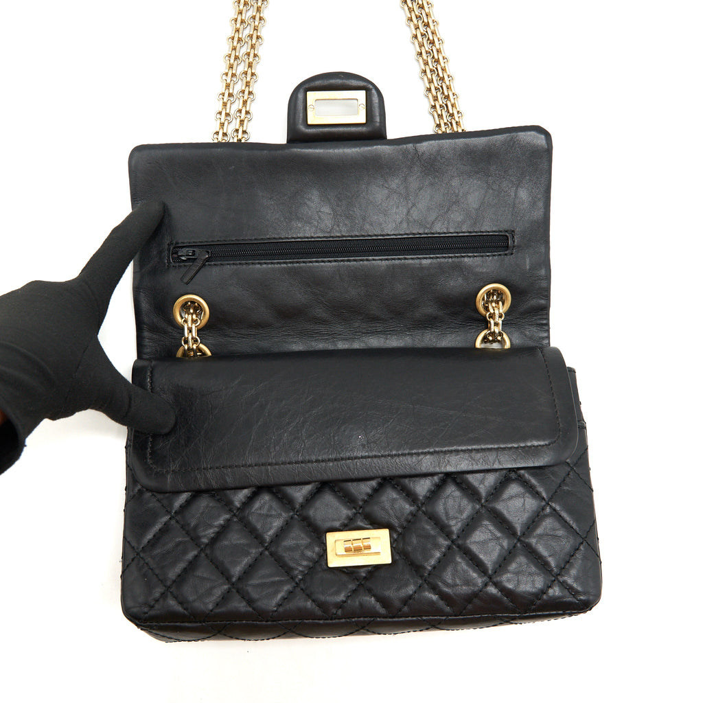CHANEL 2.55 225 SMALL REISSUE DOUBLE FLAP BAG AGED CALFSKIN BLACK GHW