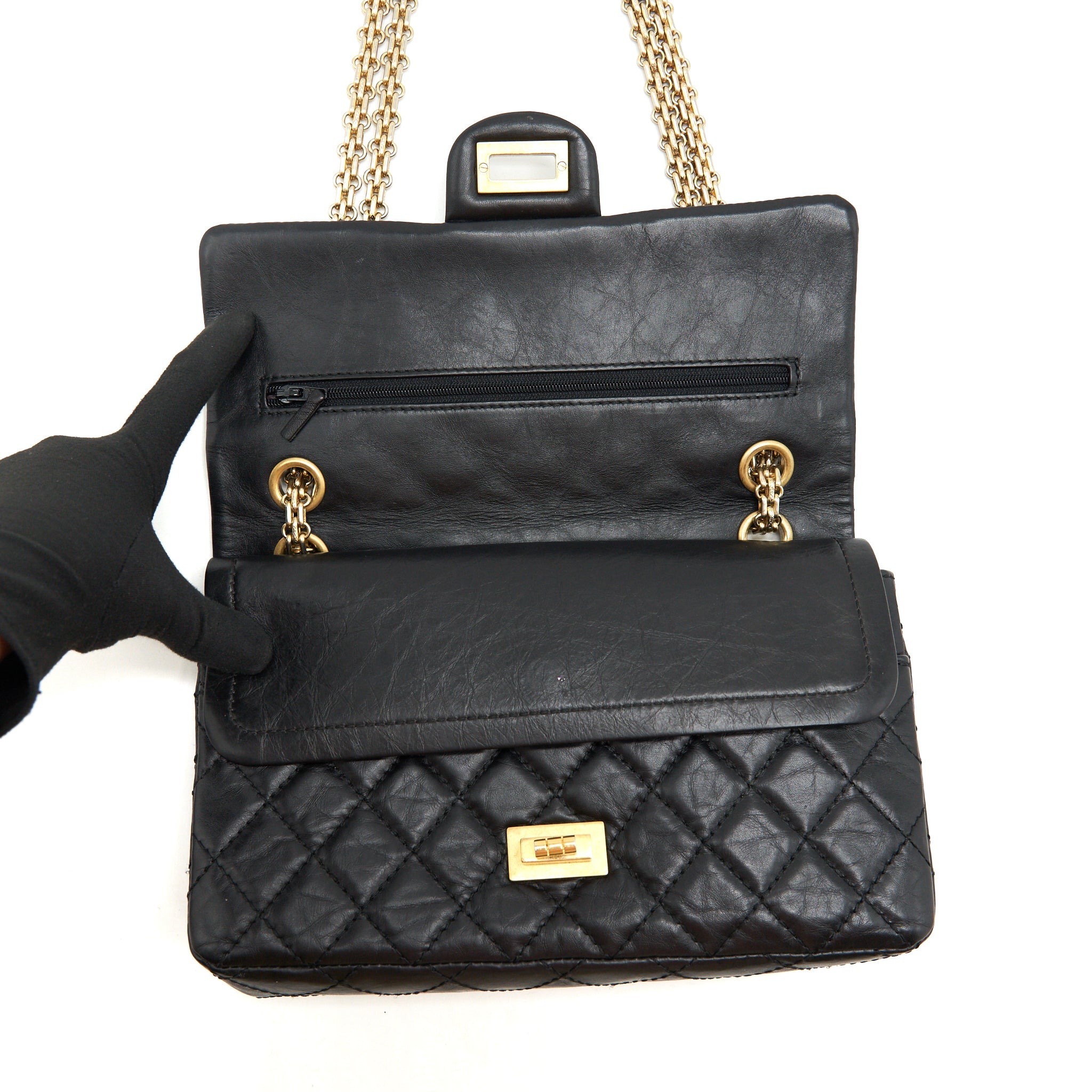 CHANEL 2.55 225 SMALL REISSUE DOUBLE FLAP BAG AGED CALFSKIN BLACK GHW