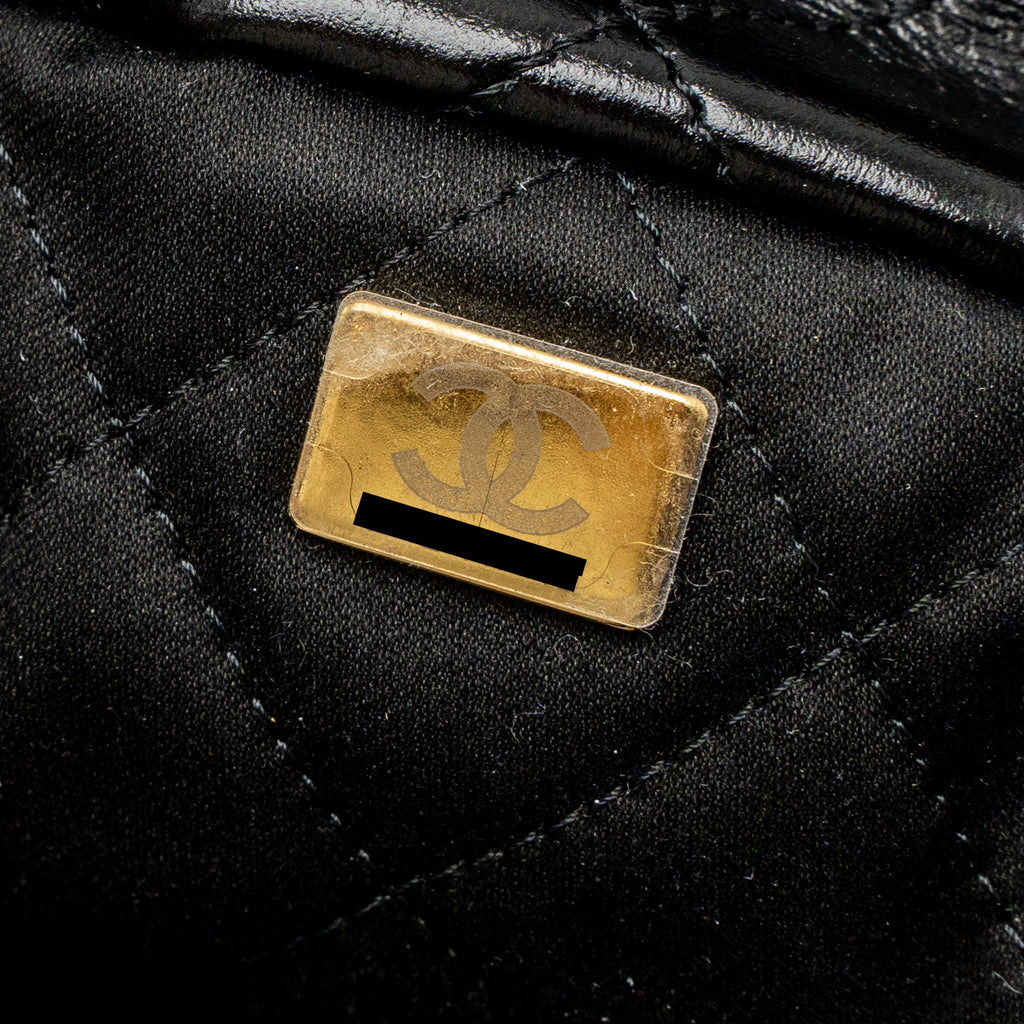CHANEL MEDIUM 22 BAG GOLD LETTER SHINY CALFSKIN BLACK BRUSHED GHW (MICROCHIP)