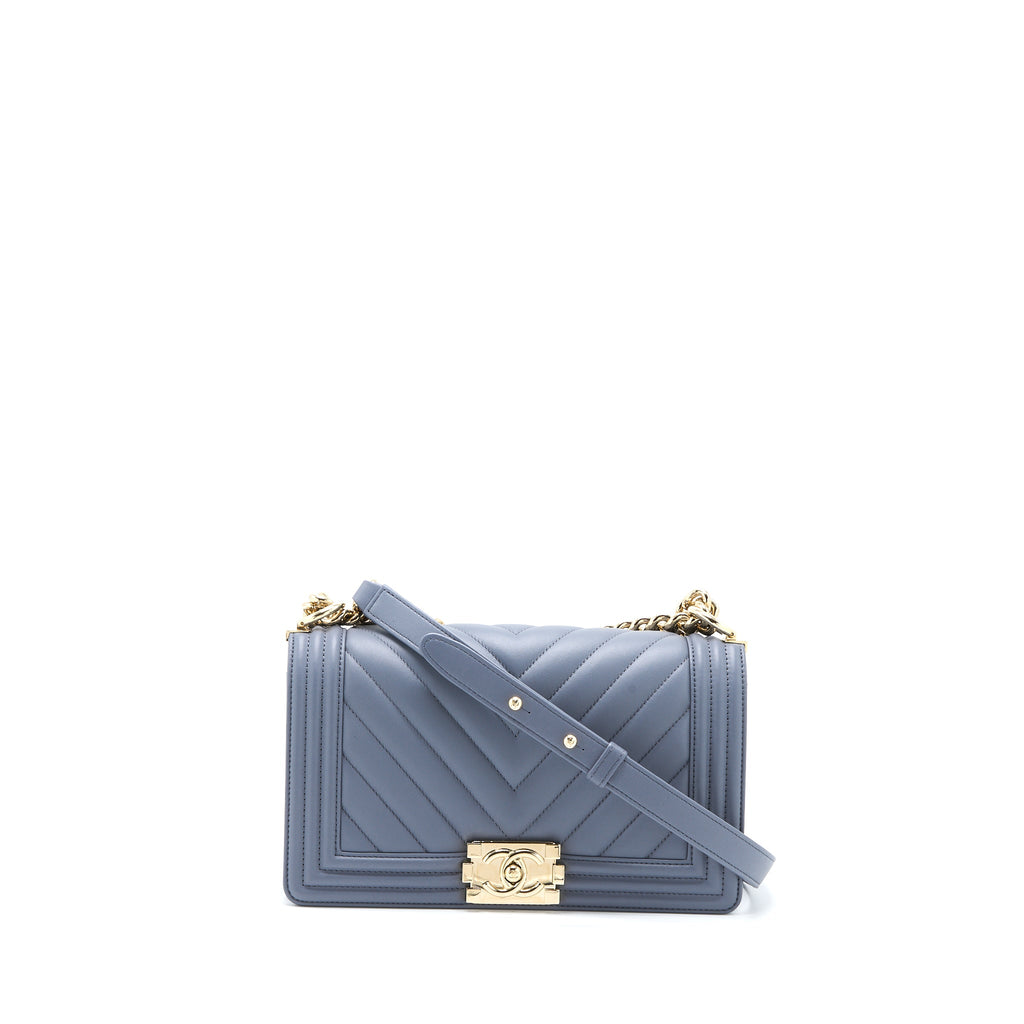 CHANEL MEDIUM BOY BAG CHEVRON CALFSKIN GREY LGHW