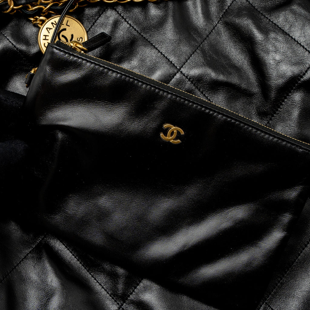 CHANEL MEDIUM 22 BAG GOLD LETTER SHINY CALFSKIN BLACK BRUSHED GHW (MICROCHIP)