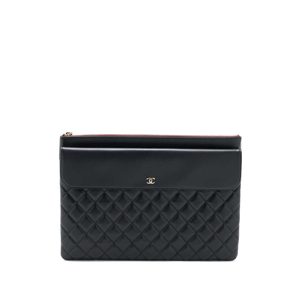 CHANEL QUILTED ZIP AND FLAP POUCH/CLUTCH LARGE MODEL LAMBSKIN BLACK LGHW