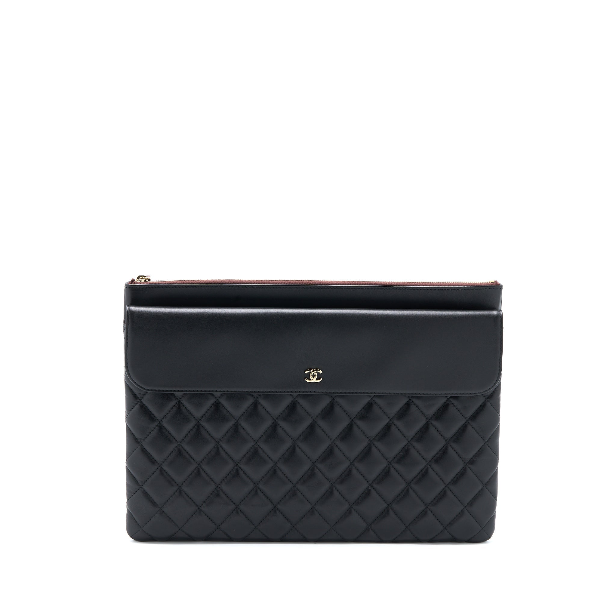 CHANEL QUILTED ZIP AND FLAP POUCH/CLUTCH LARGE MODEL LAMBSKIN BLACK LGHW