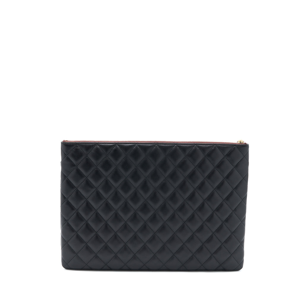 CHANEL QUILTED ZIP AND FLAP POUCH/CLUTCH LARGE MODEL LAMBSKIN BLACK LGHW