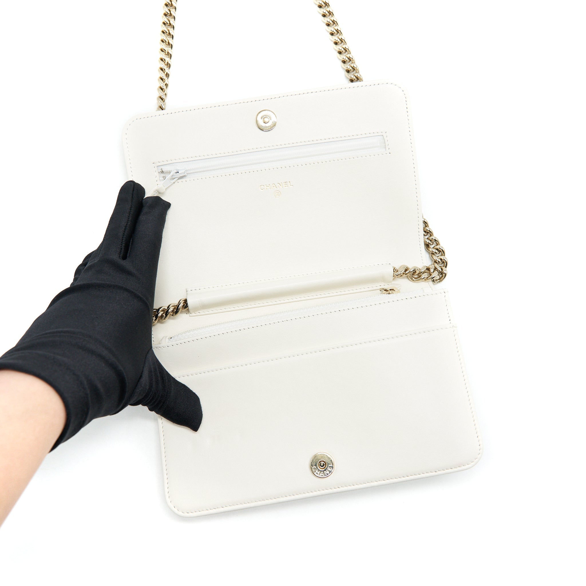 CHANEL CHEVRON CAVIAR WALLET ON CHAIN IVORY LGHW
