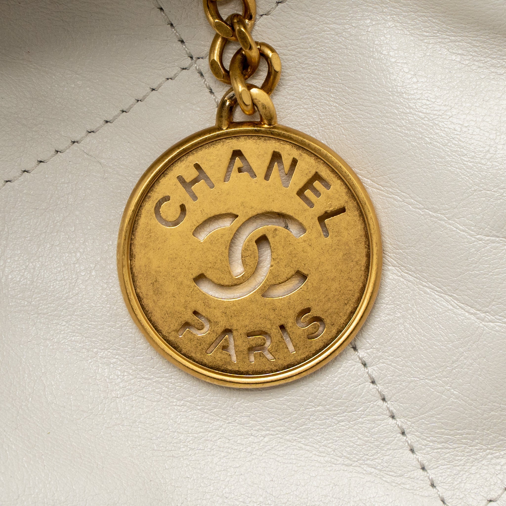 CHANEL SMALL 22 BAG GOLD LETTER SHINY CALFSKIN WHITE BRUSHED GHW (MICROCHIP)