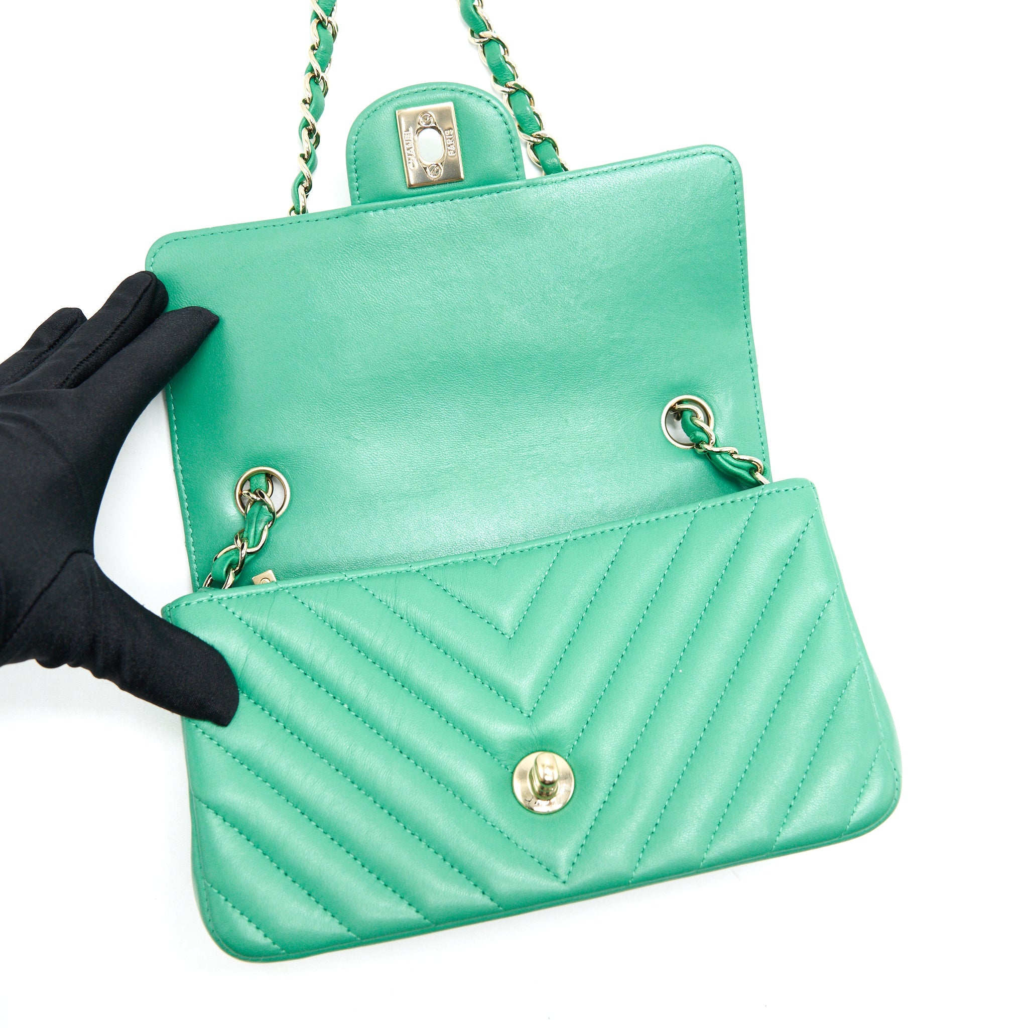 CHANEL CHEVRON MINI RECTANGULAR GREEN WITH LGHW