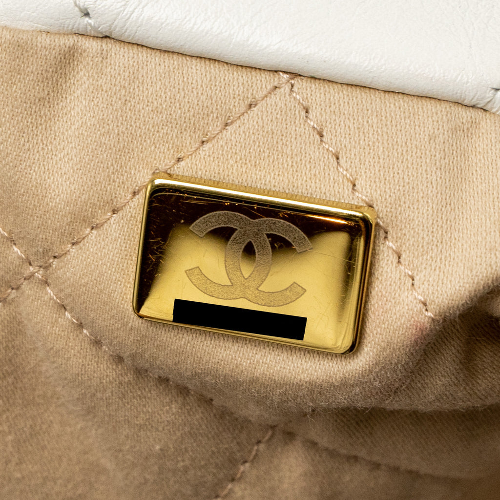 CHANEL SMALL 22 BAG GOLD LETTER SHINY CALFSKIN WHITE BRUSHED GHW (MICROCHIP)