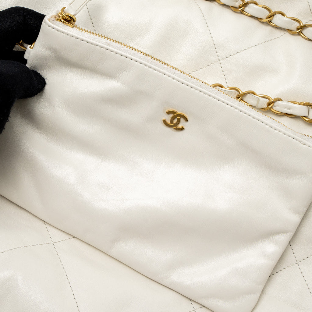 CHANEL SMALL 22 BAG GOLD LETTER SHINY CALFSKIN WHITE BRUSHED GHW (MICROCHIP)
