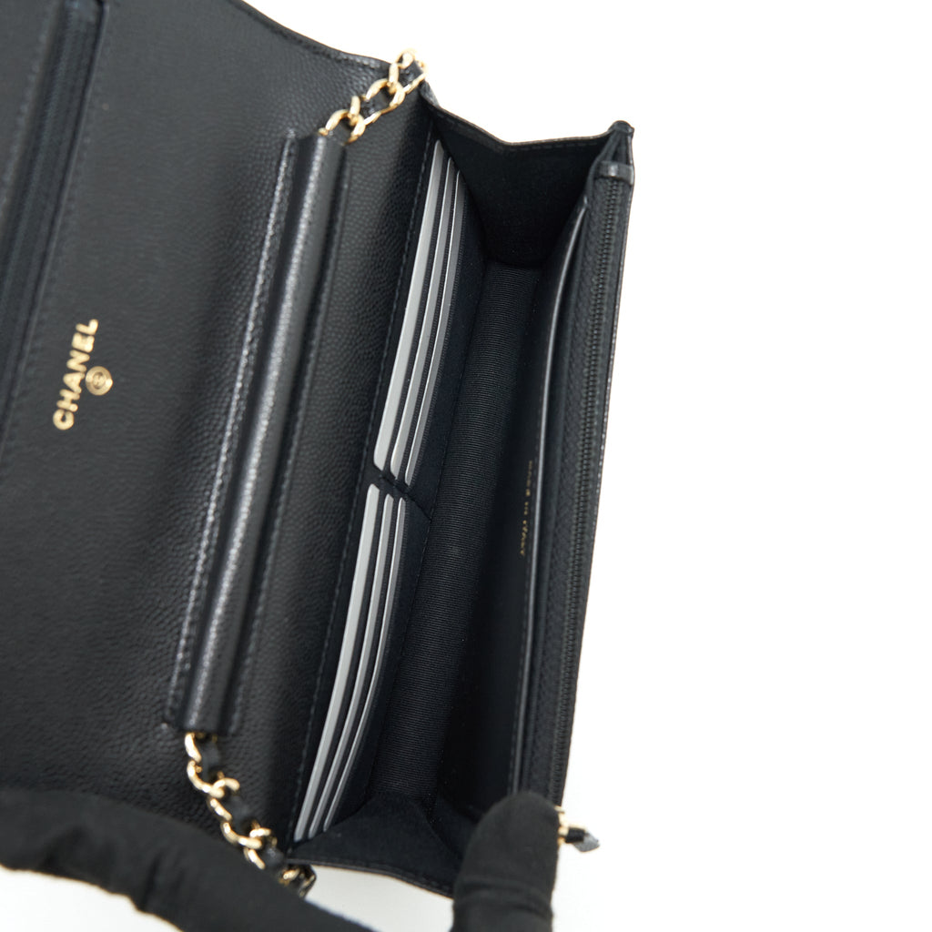 CHANEL 22S DETAILED LOGO WALLET ON CHAIN CAVIAR BLACK LGHW