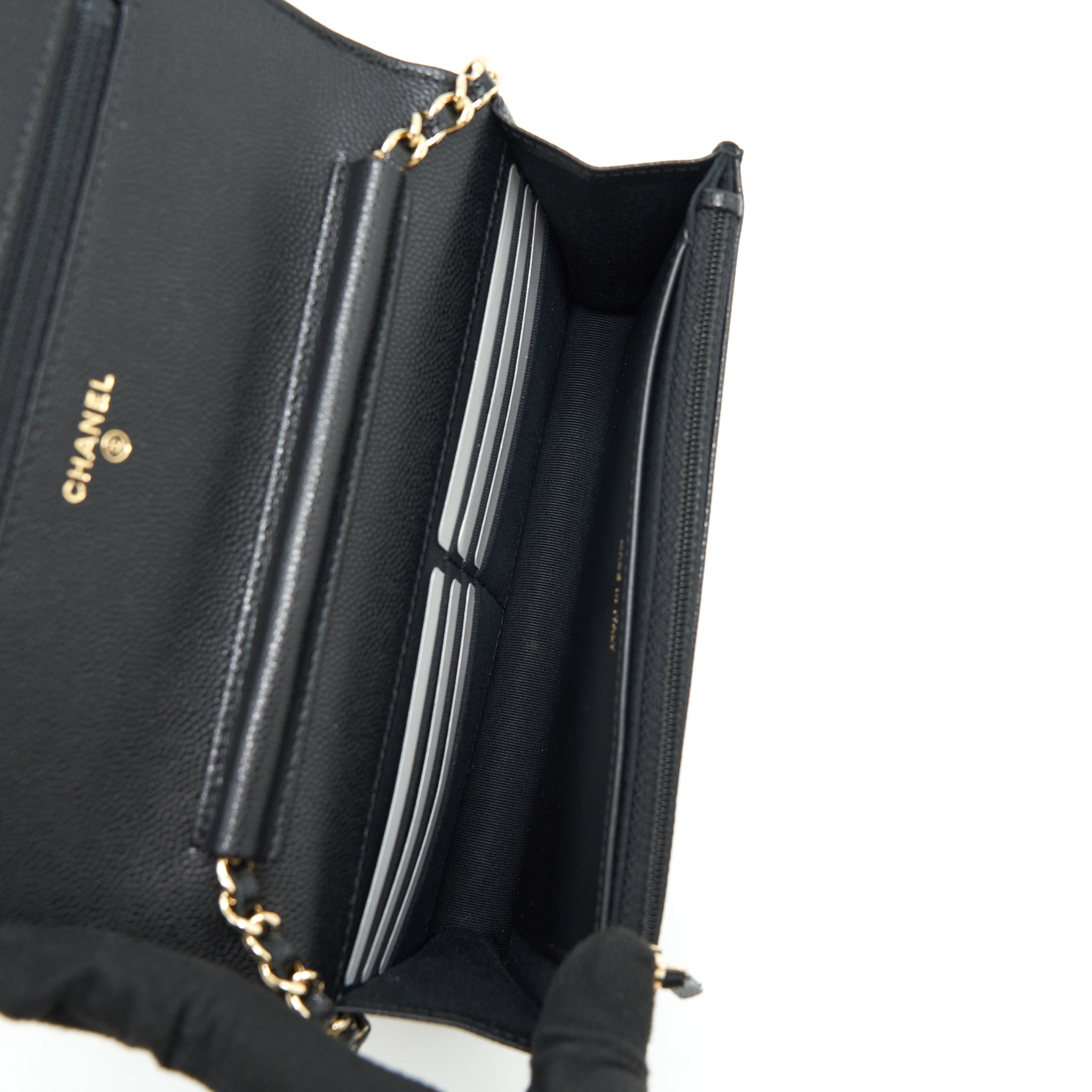 CHANEL 22S DETAILED LOGO WALLET ON CHAIN CAVIAR BLACK LGHW