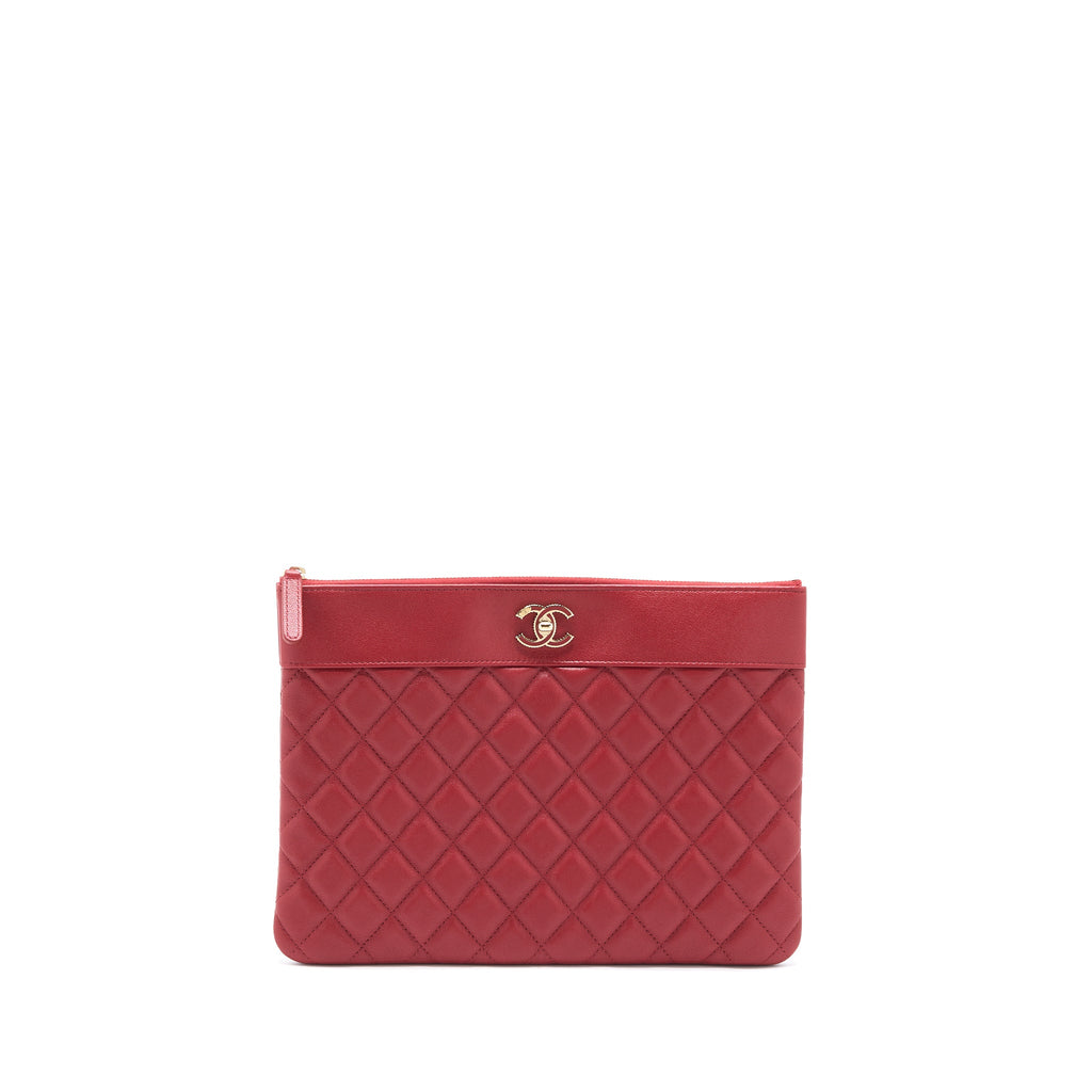 CHANEL CC LOGO QUILTED ZIP POUCH/CLUTCH CALFSKIN RED GHW