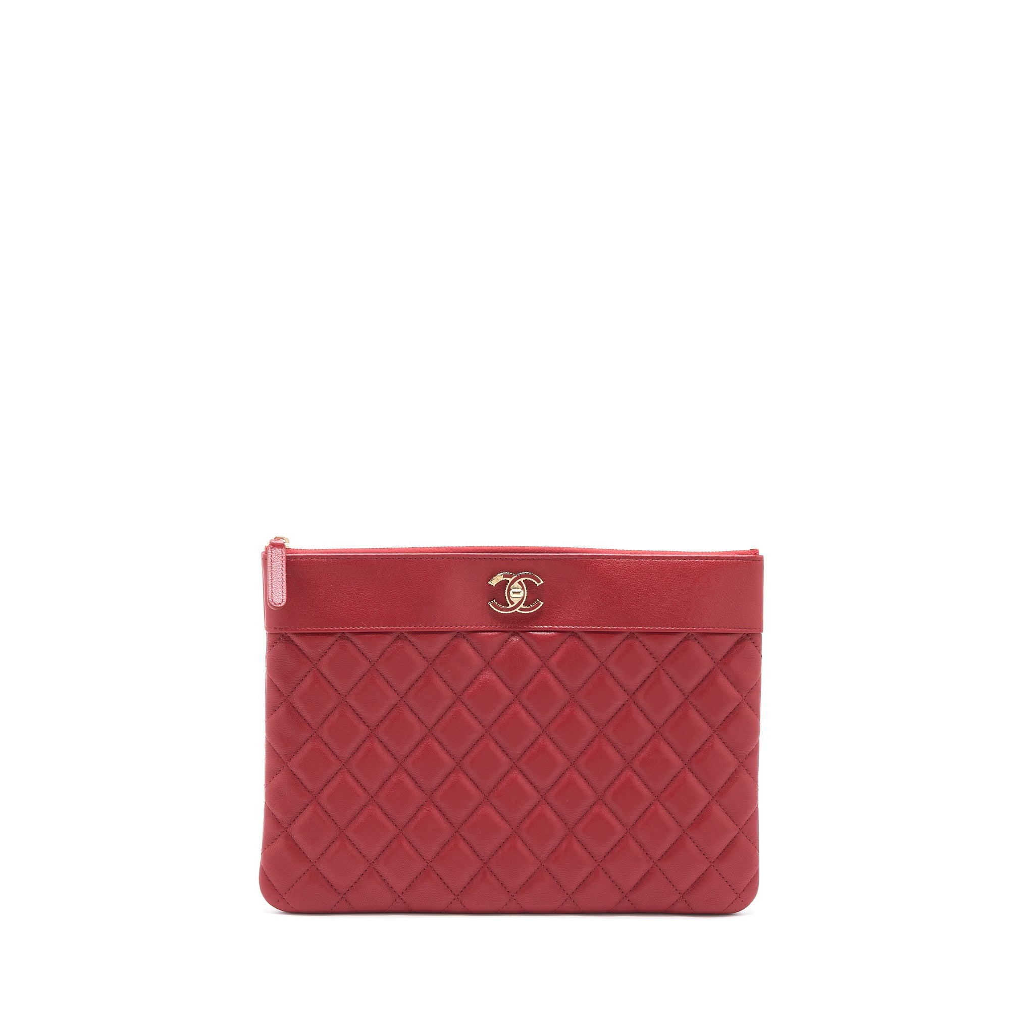 CHANEL CC LOGO QUILTED ZIP POUCH/CLUTCH CALFSKIN RED GHW