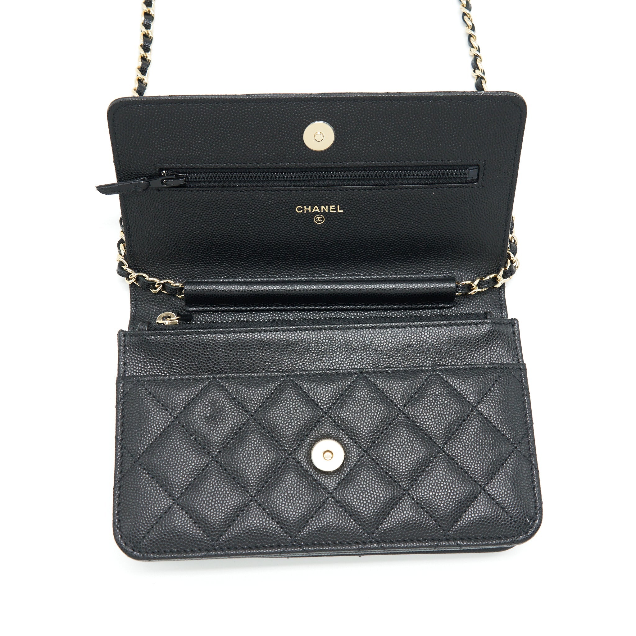 CHANEL 22S DETAILED LOGO WALLET ON CHAIN CAVIAR BLACK LGHW