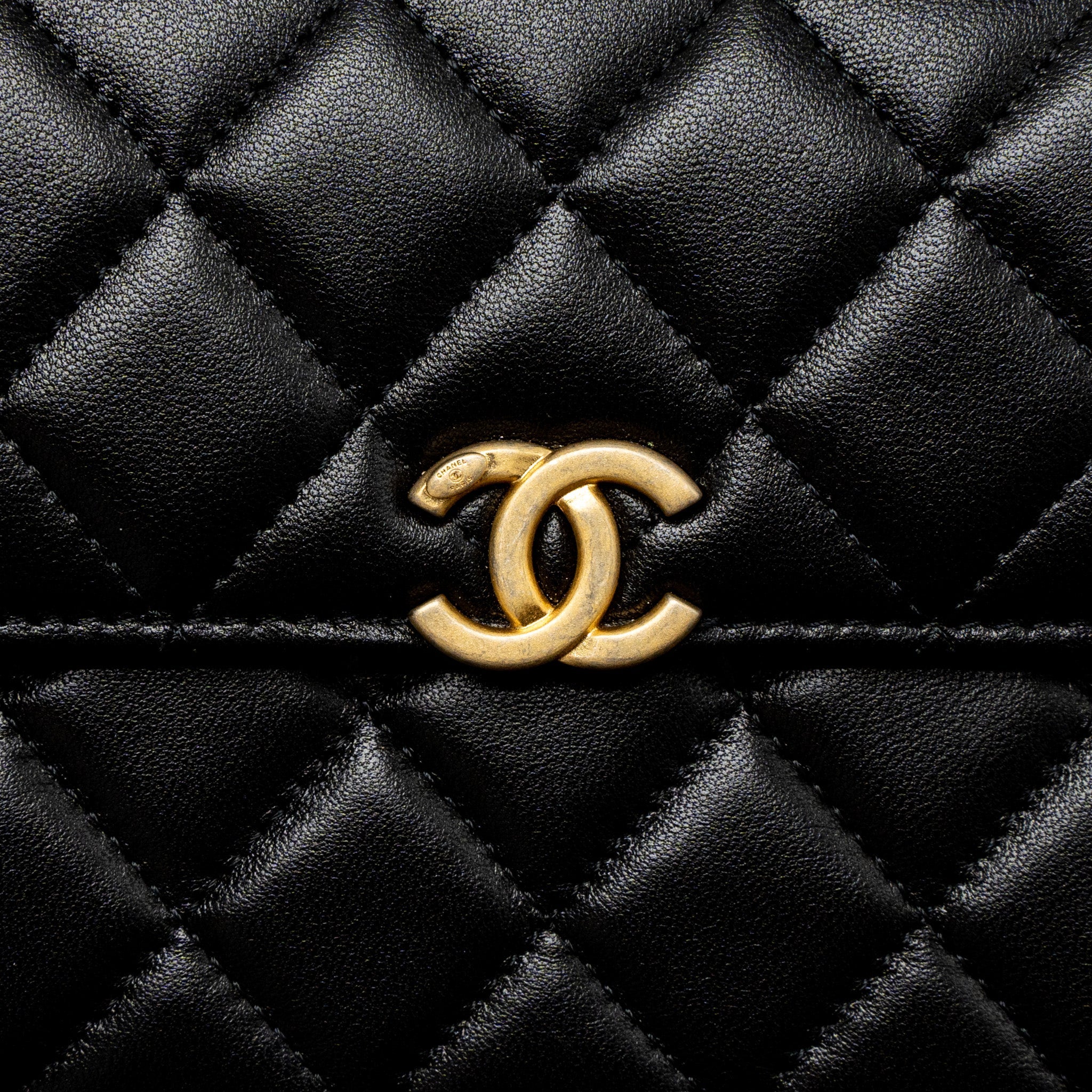 CHANEL 22B FLAP BAG ENAMEL TOP HANDLE LAMBSKIN BLACK BRUSHED GHW (MICROCHIP)